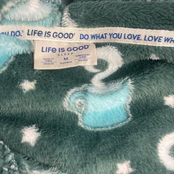 Life Is Good Fleece Hooded Nightgown Womens Medium M Green Mug Coffee Pockets - Picture 4 of 14